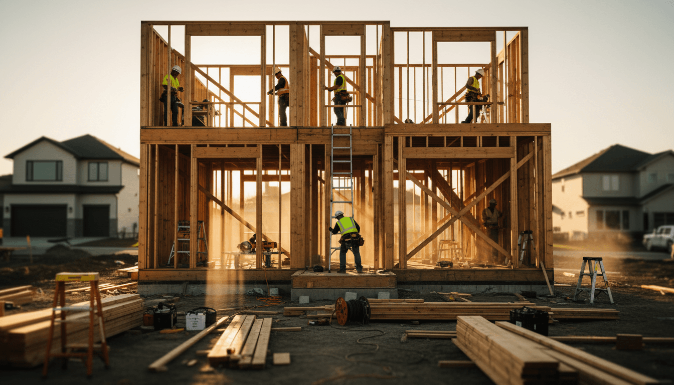 Active framing job site with organized materials and clean workspace