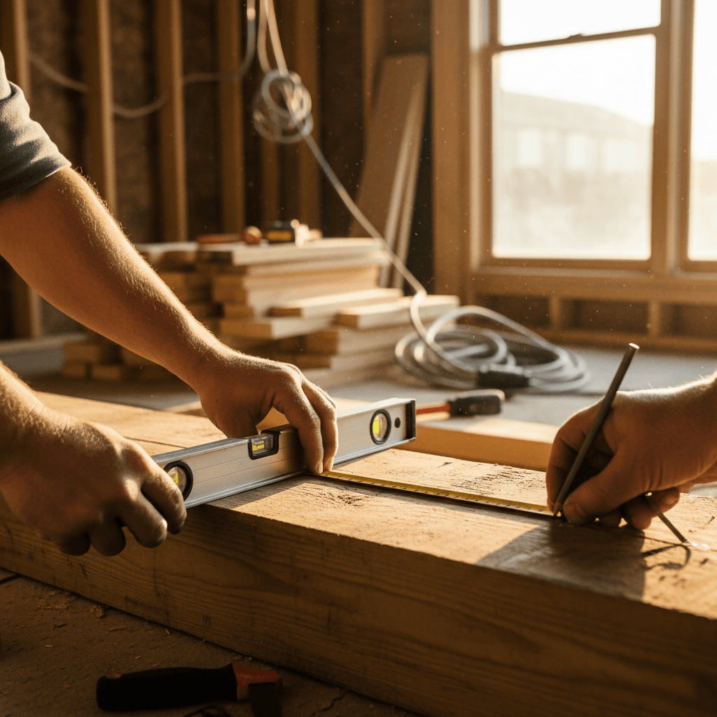 Construction professional measuring and marking wooden framing during home renovation work