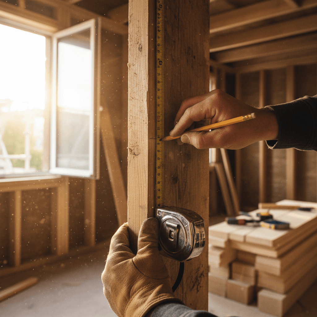 Carpenter measuring and marking framing work with precision tools