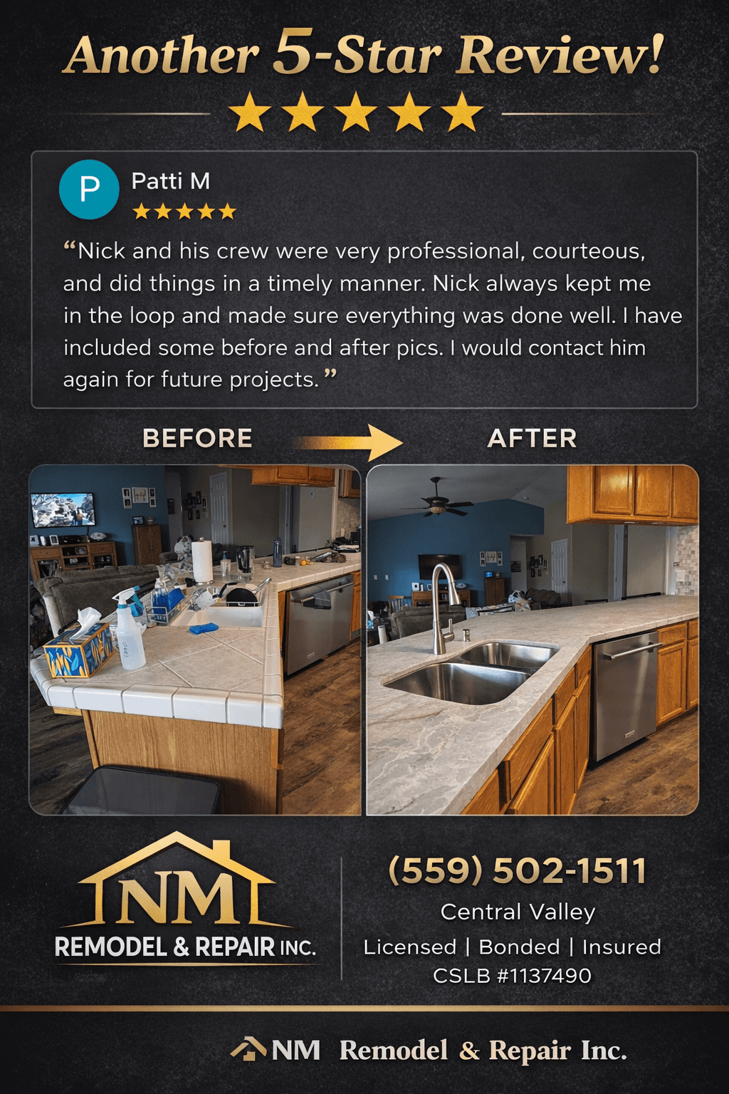 Five-star review graphic for NM Remodel & Repair showing before and after kitchen countertop renovation photos.
