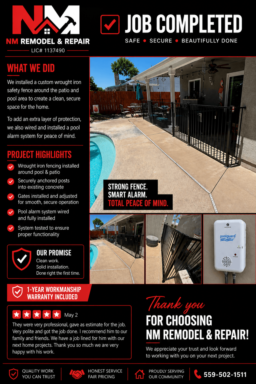 NM Remodel & Repair flyer showcasing a black wrought iron pool fence and alarm system.